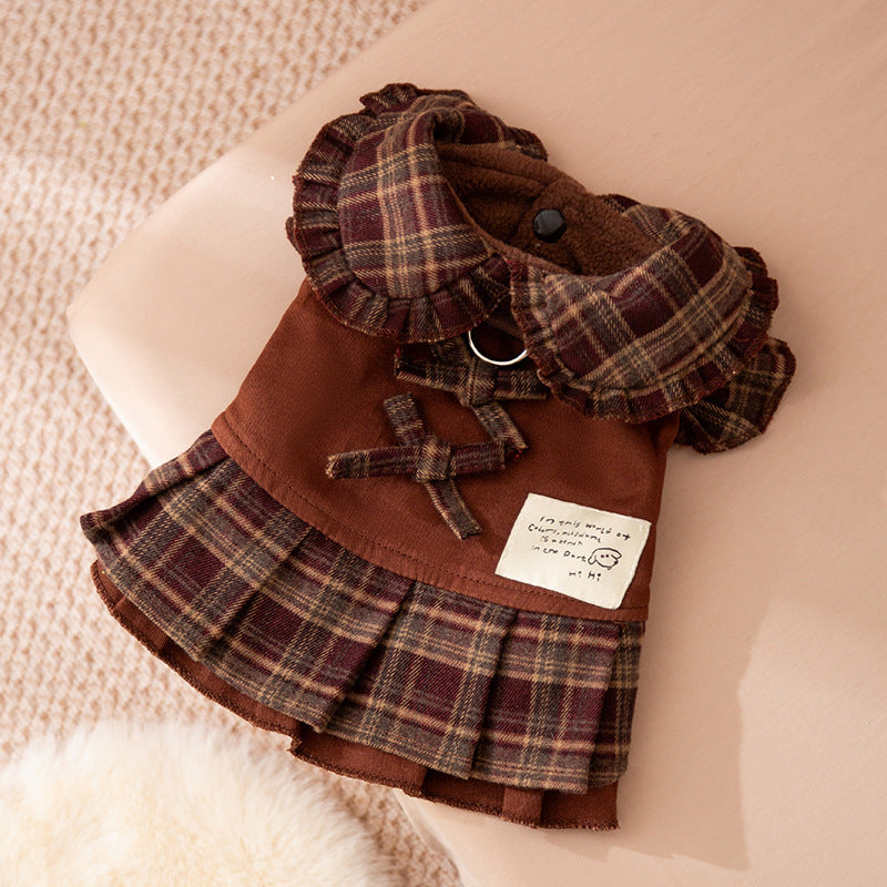 Cozy Brown Plaid Pet Sweater Dress - Fleece-Lined Dog Skirt And Cat Winter Clothes With Ruffle Trim
