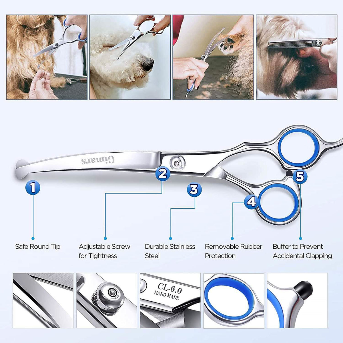 Gimars 6-in-1 Professional Stainless Steel Safety Pet Grooming Scissors